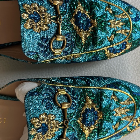 Gucci Princetown Slipper Slides Blue Gold Horsebit Mule - Picture 3 of 7